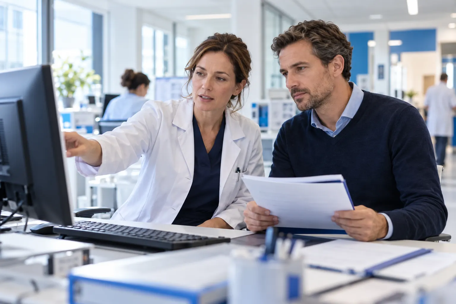 Professionnelle de santé et responsable qualité examinant un dossier numérique, situation illustrative.